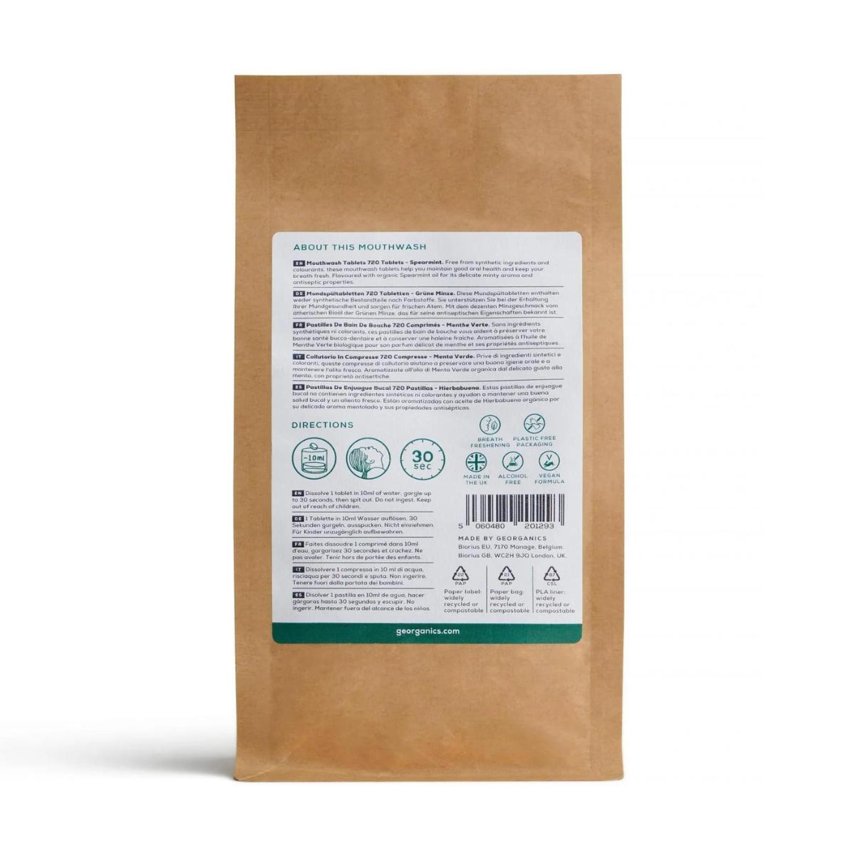 Comprimidos de recarga para elixir bucal de hortelã-pimenta, Georganics 180 comprimidos