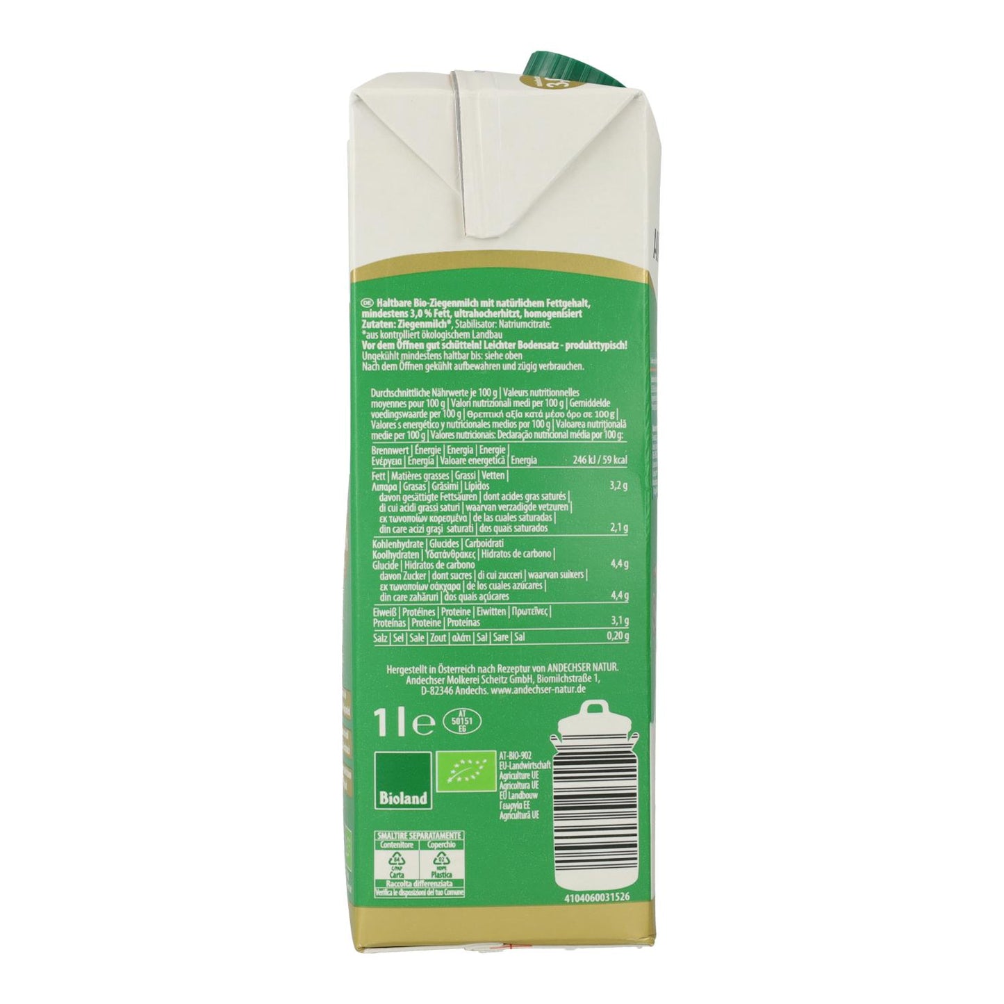 Leite de cabra mínimo 3% gordura Bio, 1L
