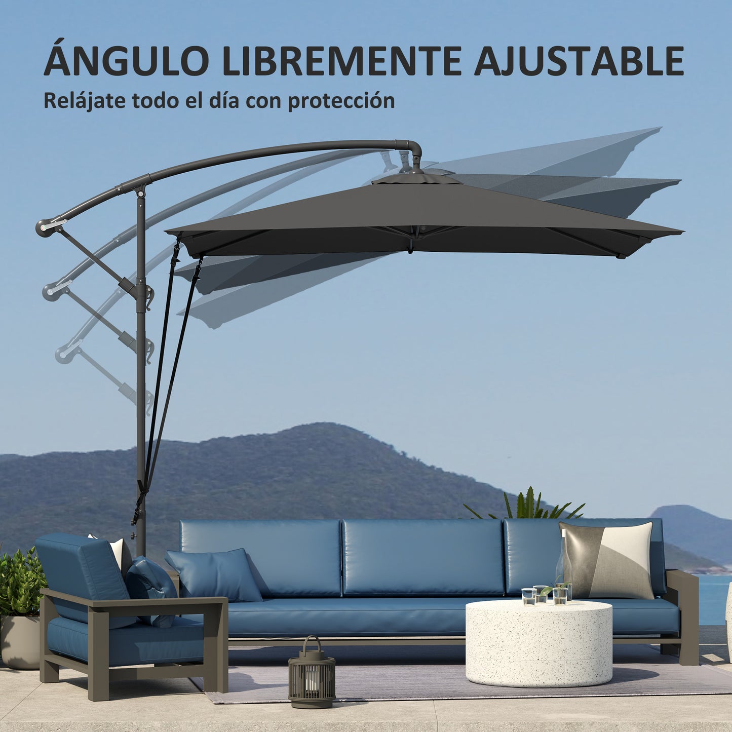 Outsunny Parasol Excéntrico 247x247 Cm Con Base Cruzada Manivela Gris Oscuro_5