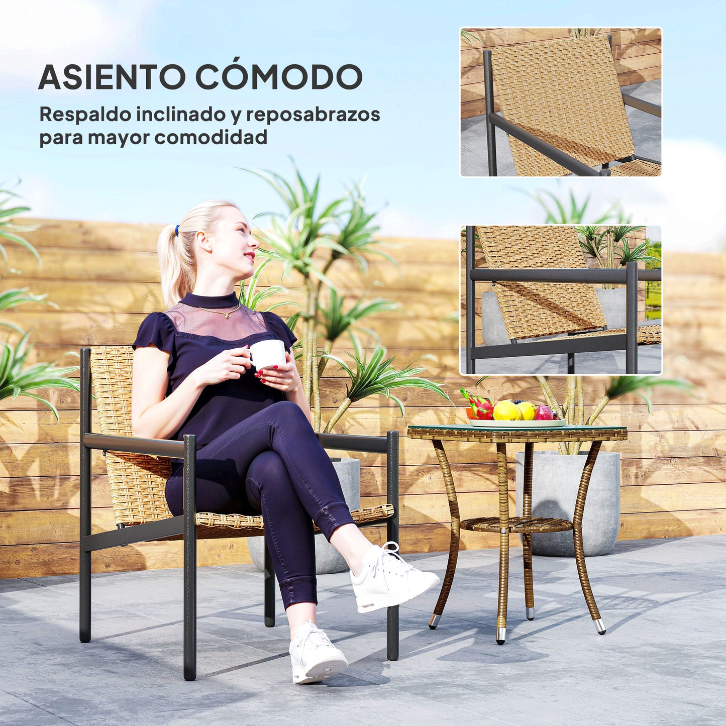 Outsunny Silla De Ratán De Jardín Individual Con Reposabrazos Respaldo Inclinado_5