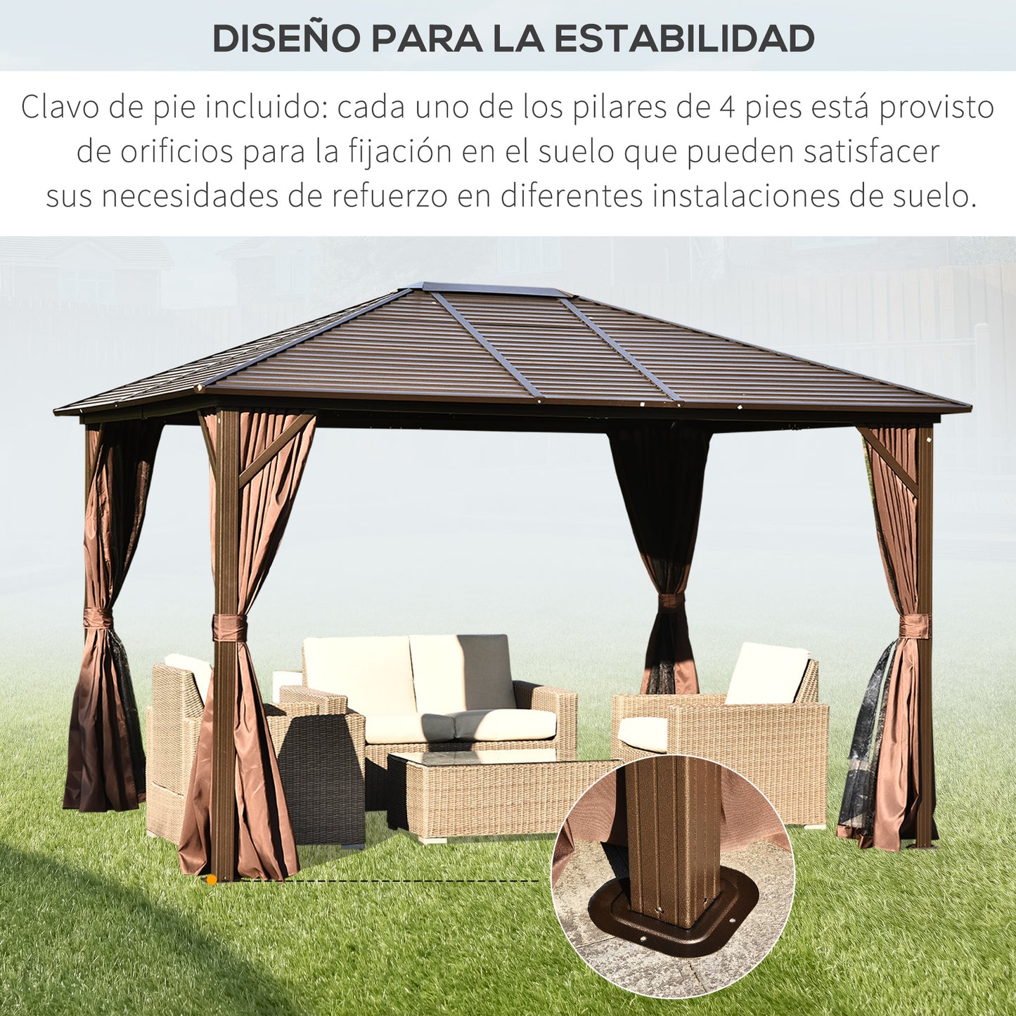 Outsunny Cenador Con Techo Carpa De Jardín Con Laterales Y Mosquitera Marrón_5