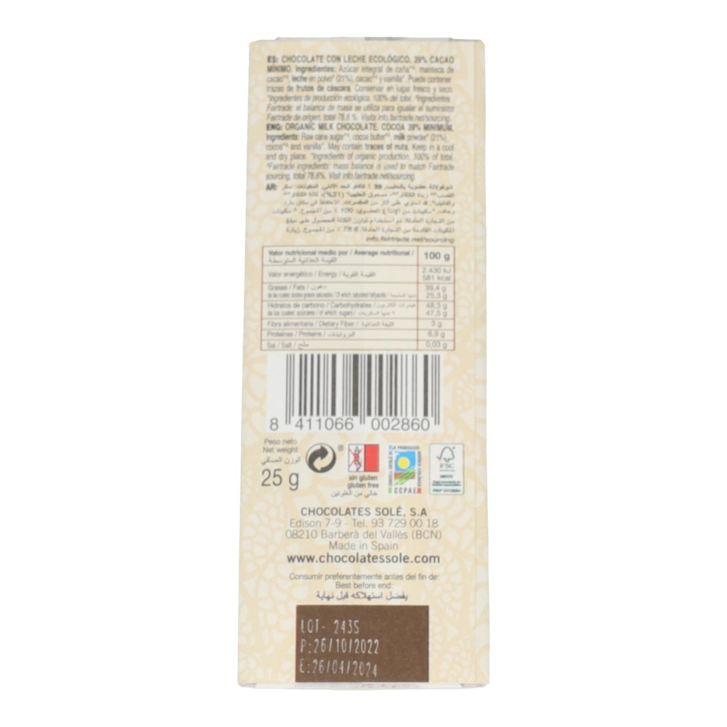 Barra de Chocolate de Leite Orgânico Solé 25g