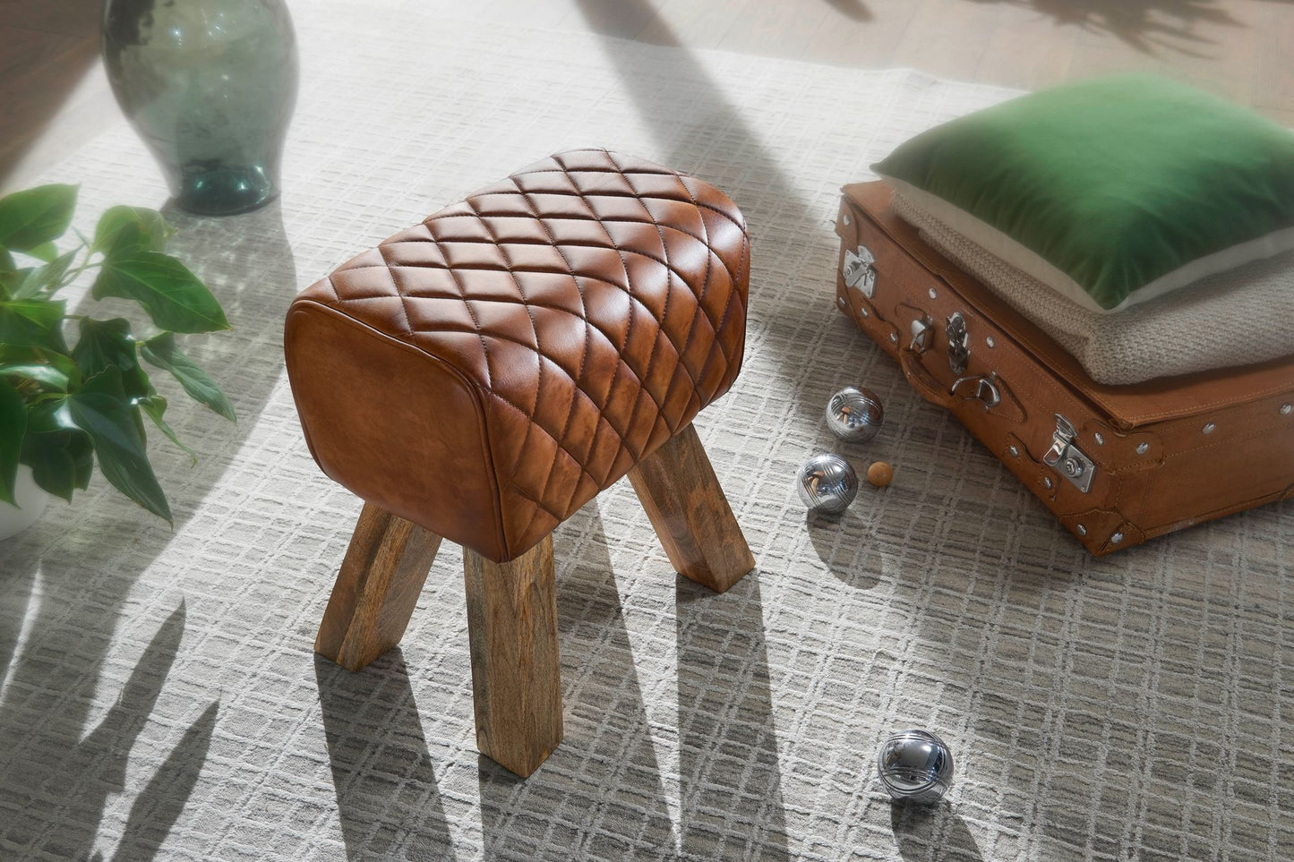Taburete Cuero Real Y Madera Maciza 40x48x27 Cm_4