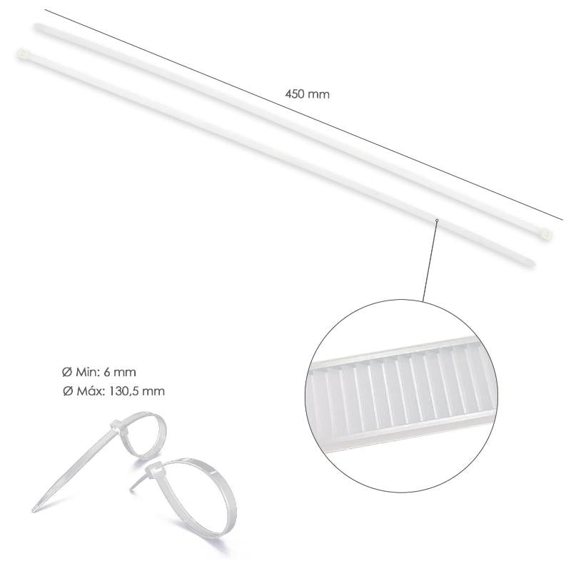 Brida Nylon 100%. Color Blanco / Natural 7,5 X 450 Mm. 100 Piezas. Abrazadera Plastico, Organizador Cables, Alta Resistencia