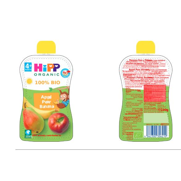 Maçã, pera e banana biológicas em saqueta +4 meses HiPP 100 g