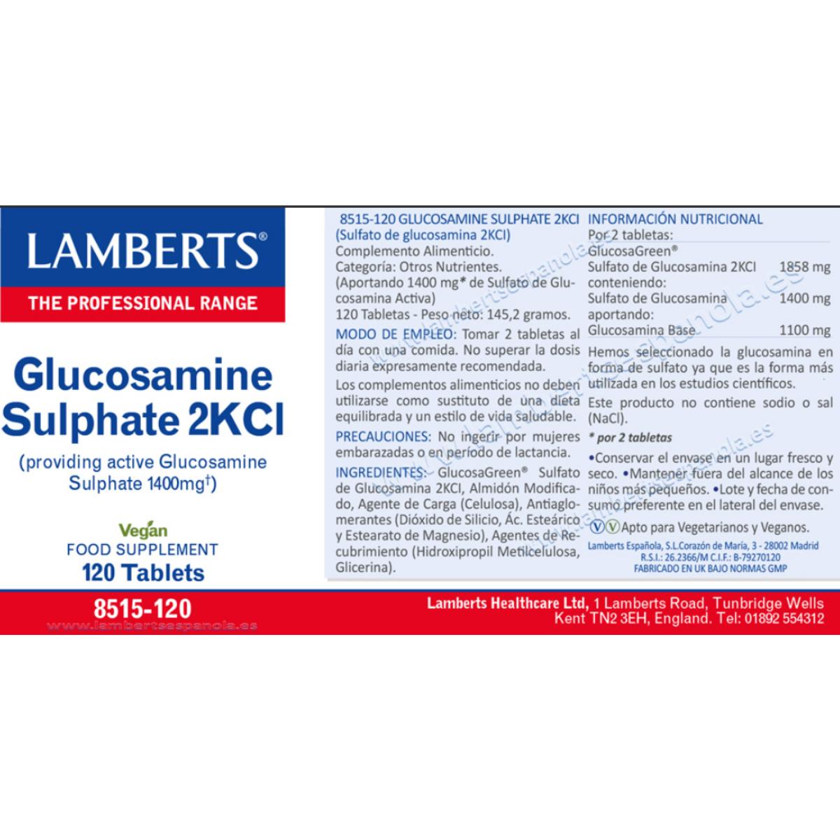 Sulfato de glucosamina 2KCl 1400 mg Lamberts 120 comprimidos