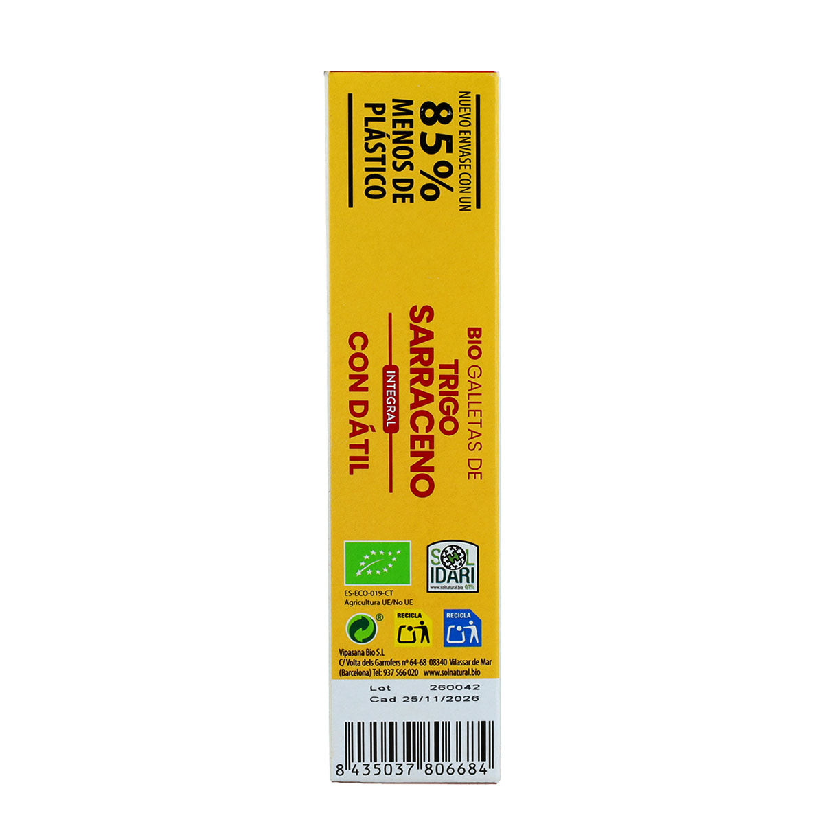 Bolachas integrais de trigo sarraceno adoçadas com tâmaras biológicas Sol Natural 170 g