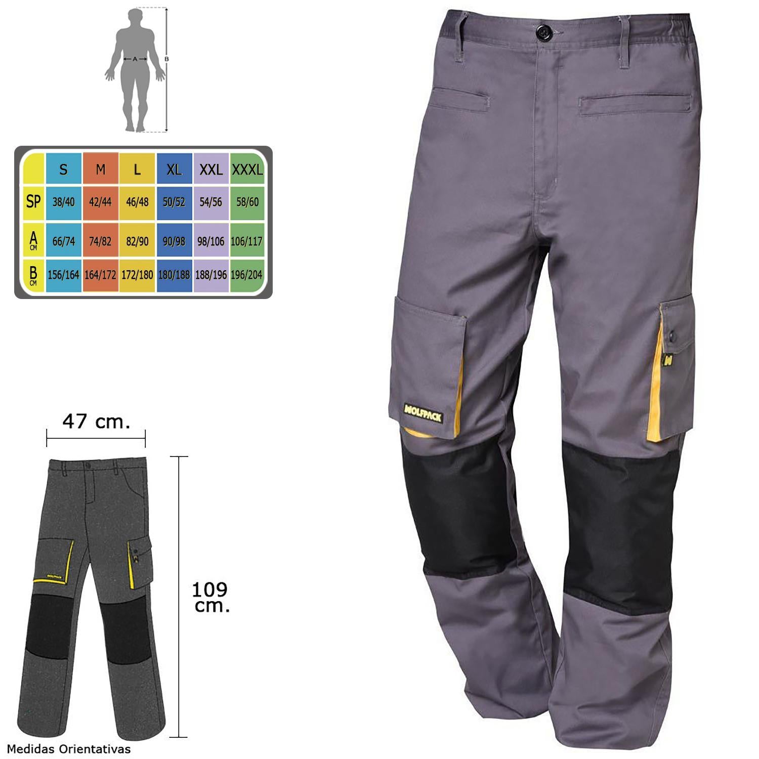 Pantalones Largos Detrabajo, Multibolsillos, Resistentes, Rodilla Reforzada, Gris/amarillo Talla 50/52 Xl