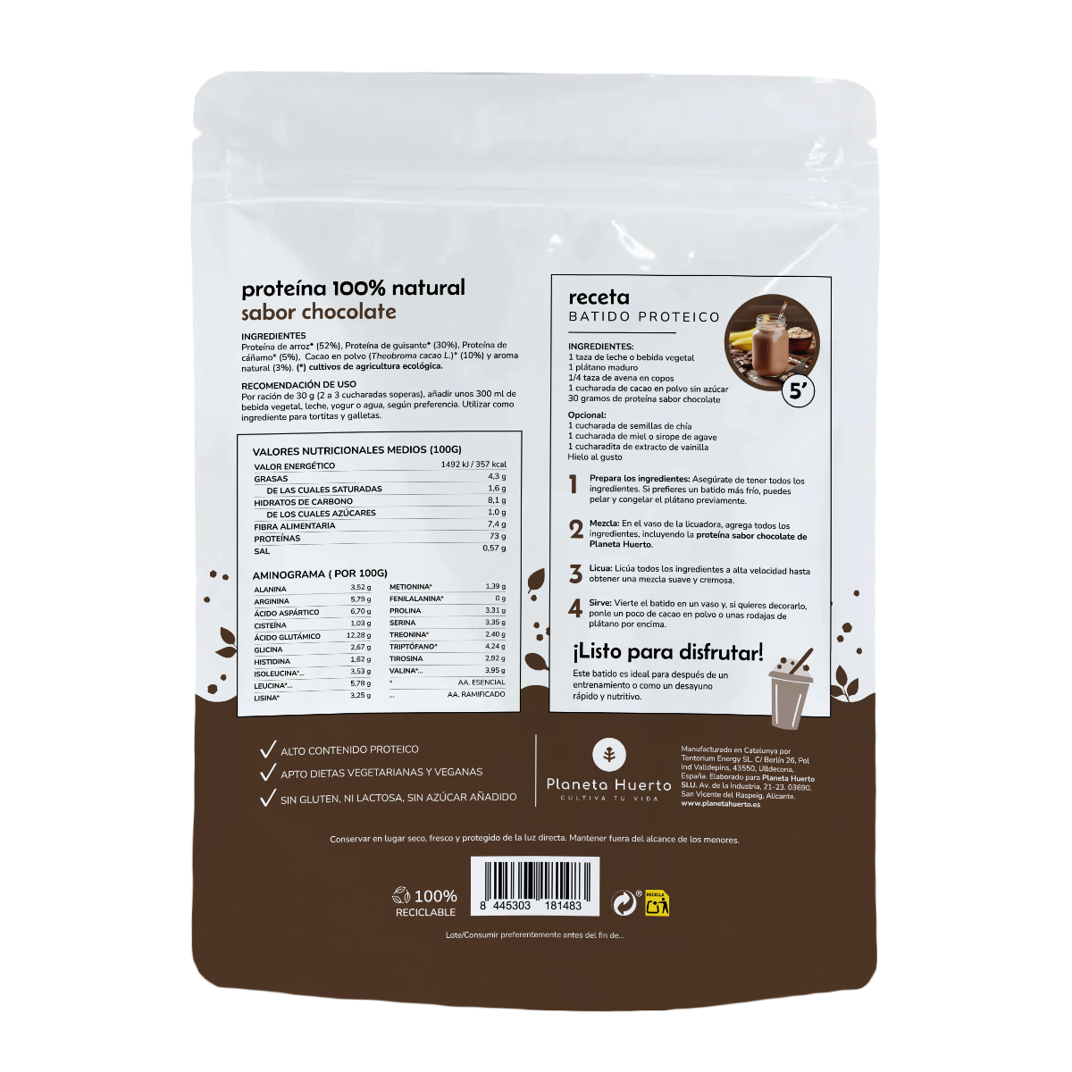 Proteína Vegetal Orgânica 73% Planeta Huerto Chocolate 1Kg
