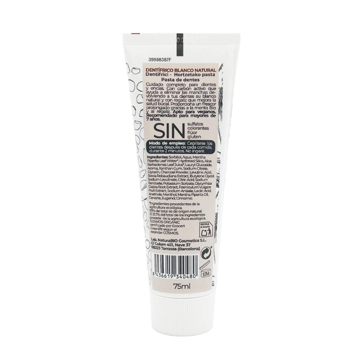 Pasta de dentes branca natural com alcaçuz e carvão ativado, sem flúor, NaturaBIO Cosmetics, 75 ml