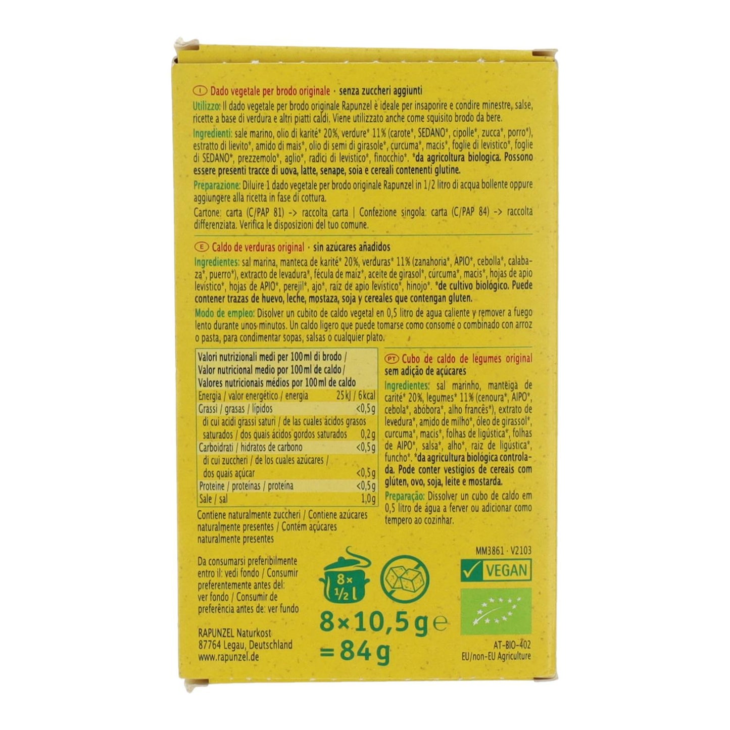 Cubos de Caldo de Legumes Biológico Rapunzel 84 g