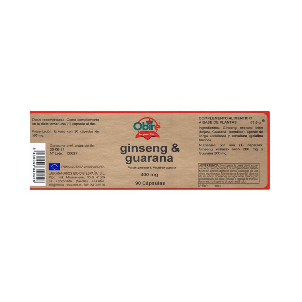 Ginseng e Guaraná 400 mg Obire, 90 cápsulas