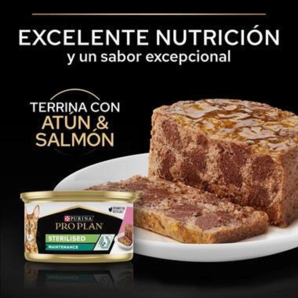 Terrine de Manutenção Esterilizada para Gatos Adultos Pro Plan com atum e salmão Purina lata 12x85g