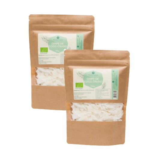 Embalagem com 2 chips de coco sem açúcar da Planeta Huerto, 150 g.