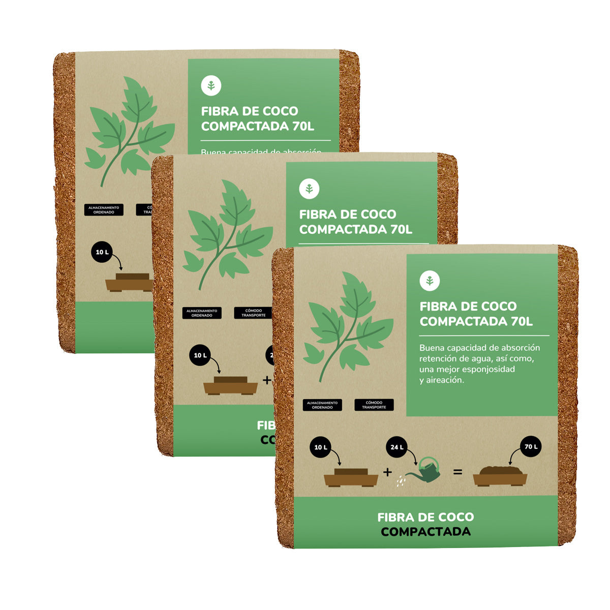 Embalagem com 3 substratos de fibra de coco Planeta Huerto 70 litros