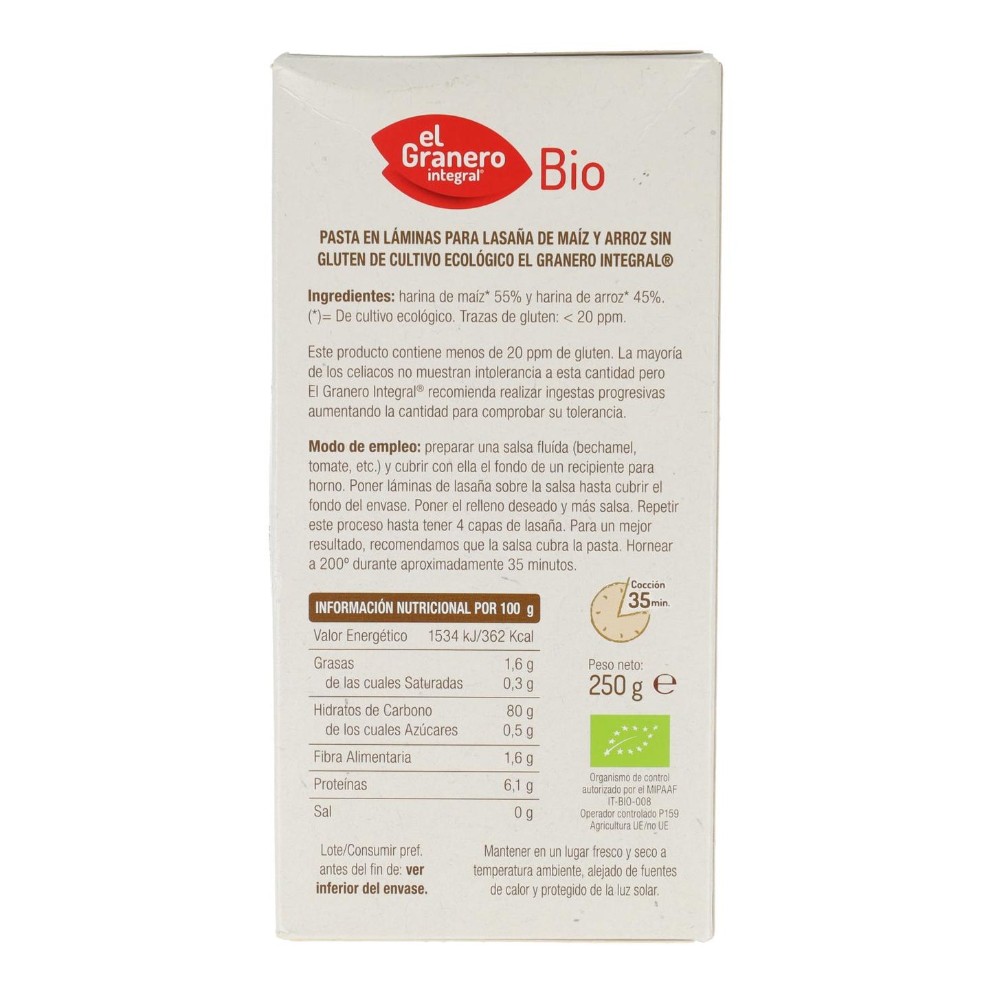 Folhas de lasanha de milho biológica sem glúten El Granero, 250 g