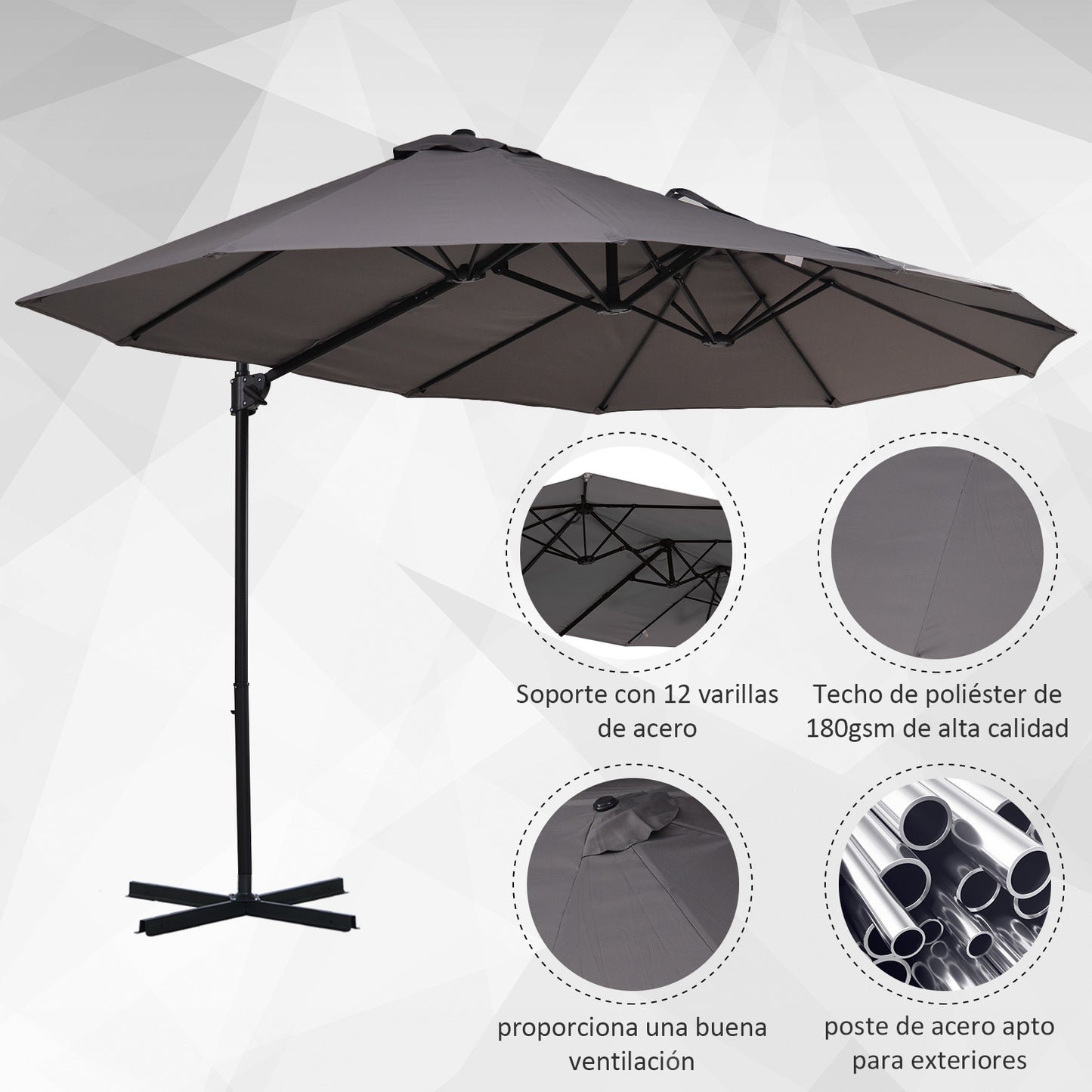 Outsunny Parasol De Jardín Doble Con Manivela 270x445x260 Cm Gris_5