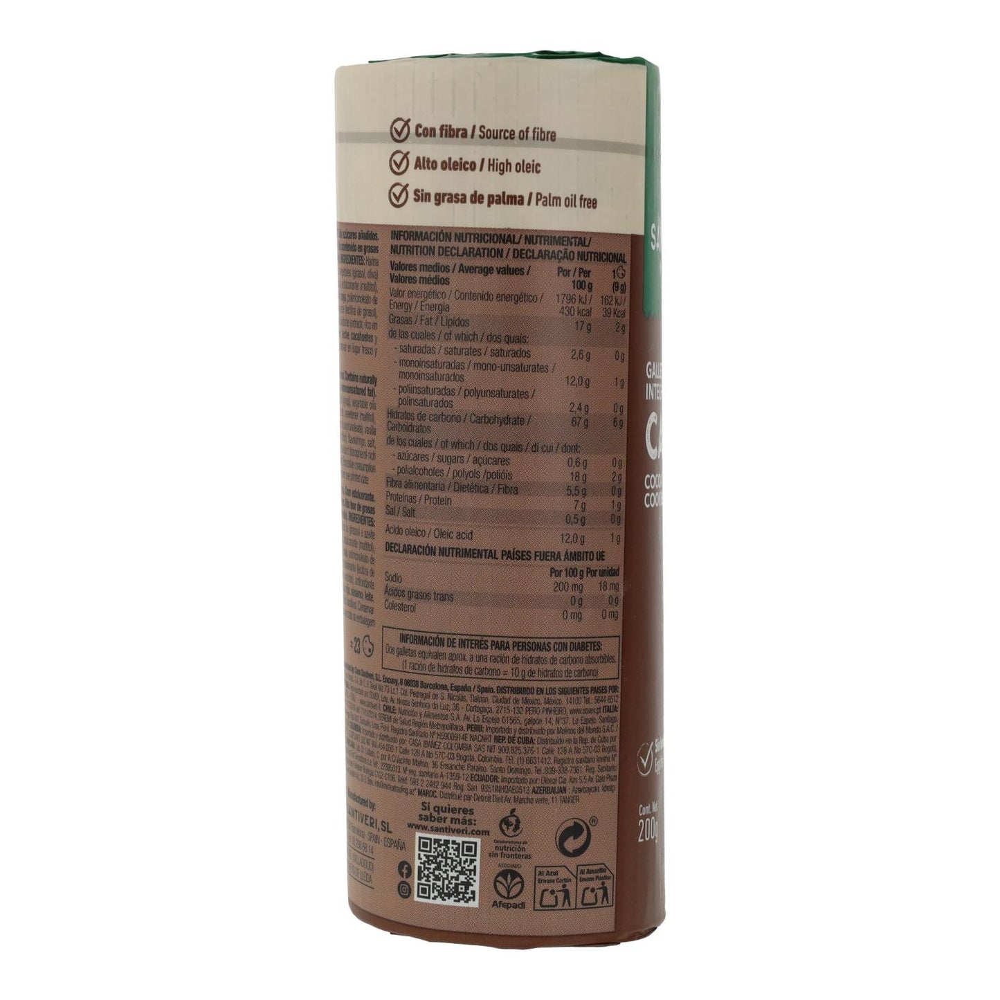 Bolachas Integrais de Cacau Santiveri 0% açúcares 200 g