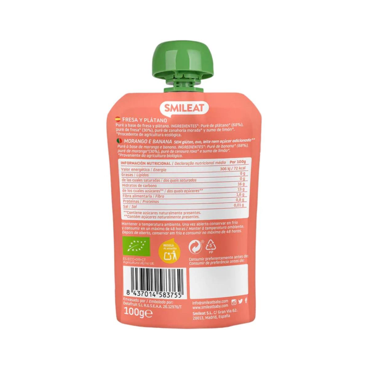 Embalagem com 4 saquetas de morango e banana Smileat, 100g