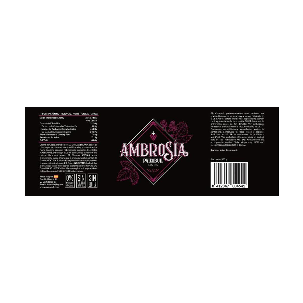 Creme Saudável de Amora, Avelã e Cacau Ambrosia Paleobull 300g