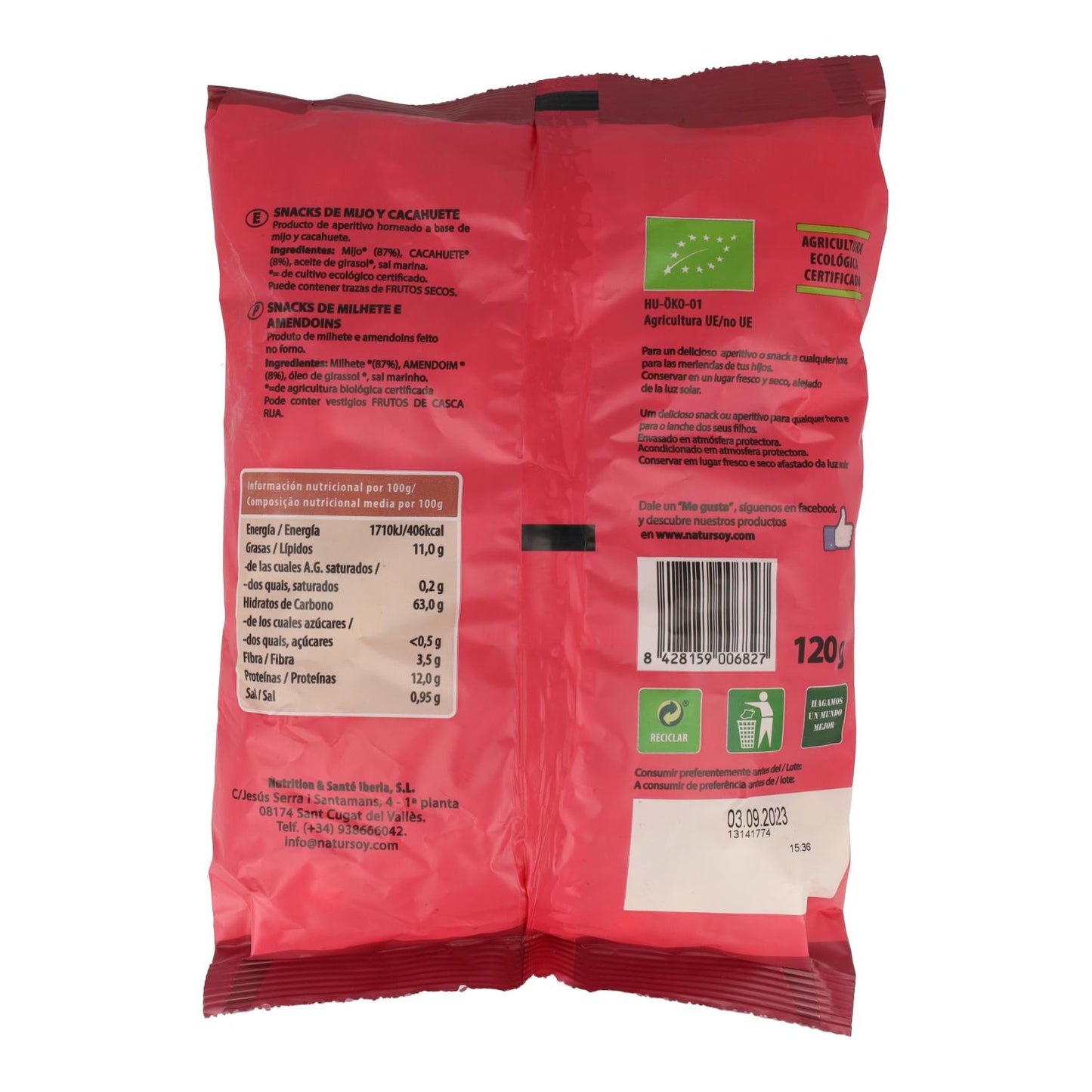 Snacks de milheto e amendoim, 120 g. Natursoy