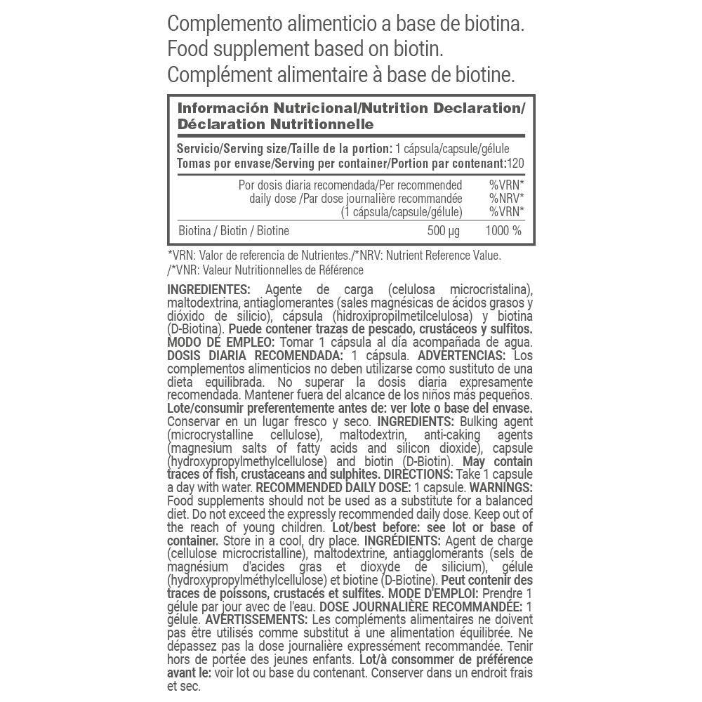 B7 Biotina 500μg - 120 Cápsulas Vegetales - Mejora La Salud De La Piel - Masmusculo_5