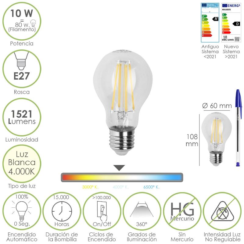Bombilla Led Filamento Standar Rosca E27. 10 Watt. Equivale A 80 Watt. 1521 Lumenes. Luz Neutra 4000º K._0
