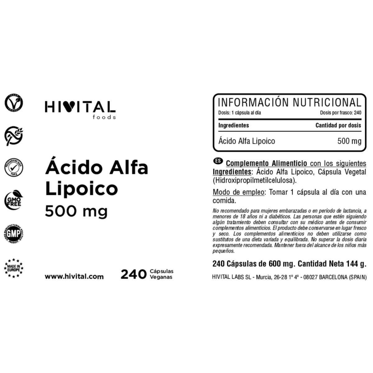 Ácido alfa-lipóico 500 mg Hivital 240 cápsulas vegan