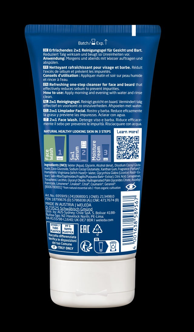 Gel de limpeza facial e barba 2 em 1 Weleda Men, 100 ml.