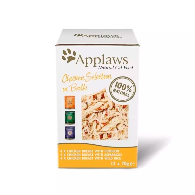 Ração húmida para gatos Applaws, caldo de galinha, saqueta 12 x 70 g