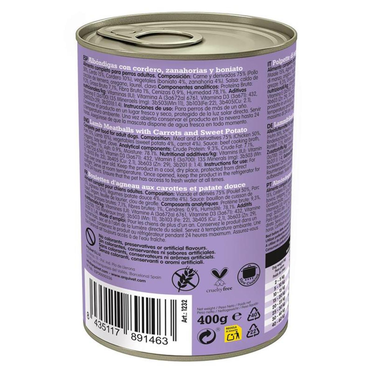 Almôndegas de Cordeiro Fresco Arquivet 400g Ração húmida para cães com cordeiro, cenoura e batata-doce