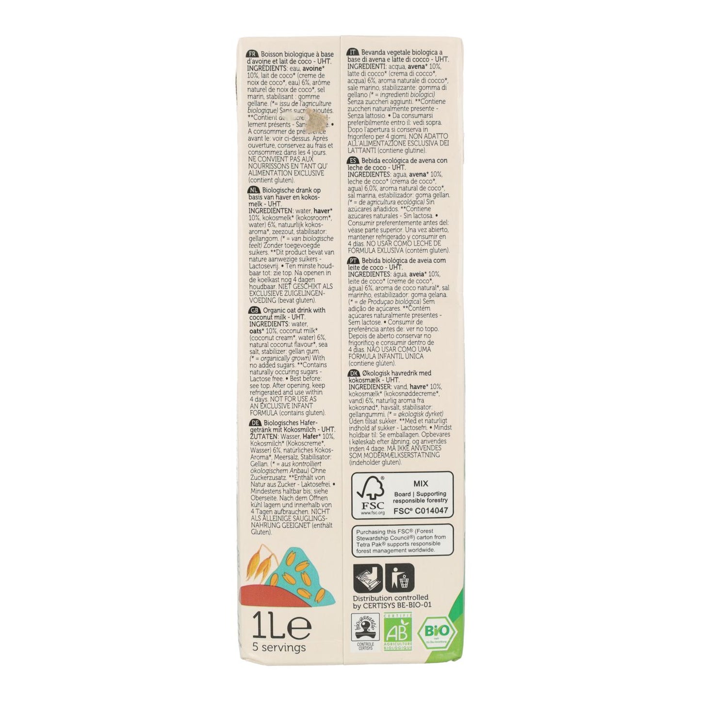 Bebida Vegetal Biológica de Aveia e Coco Lima 1L