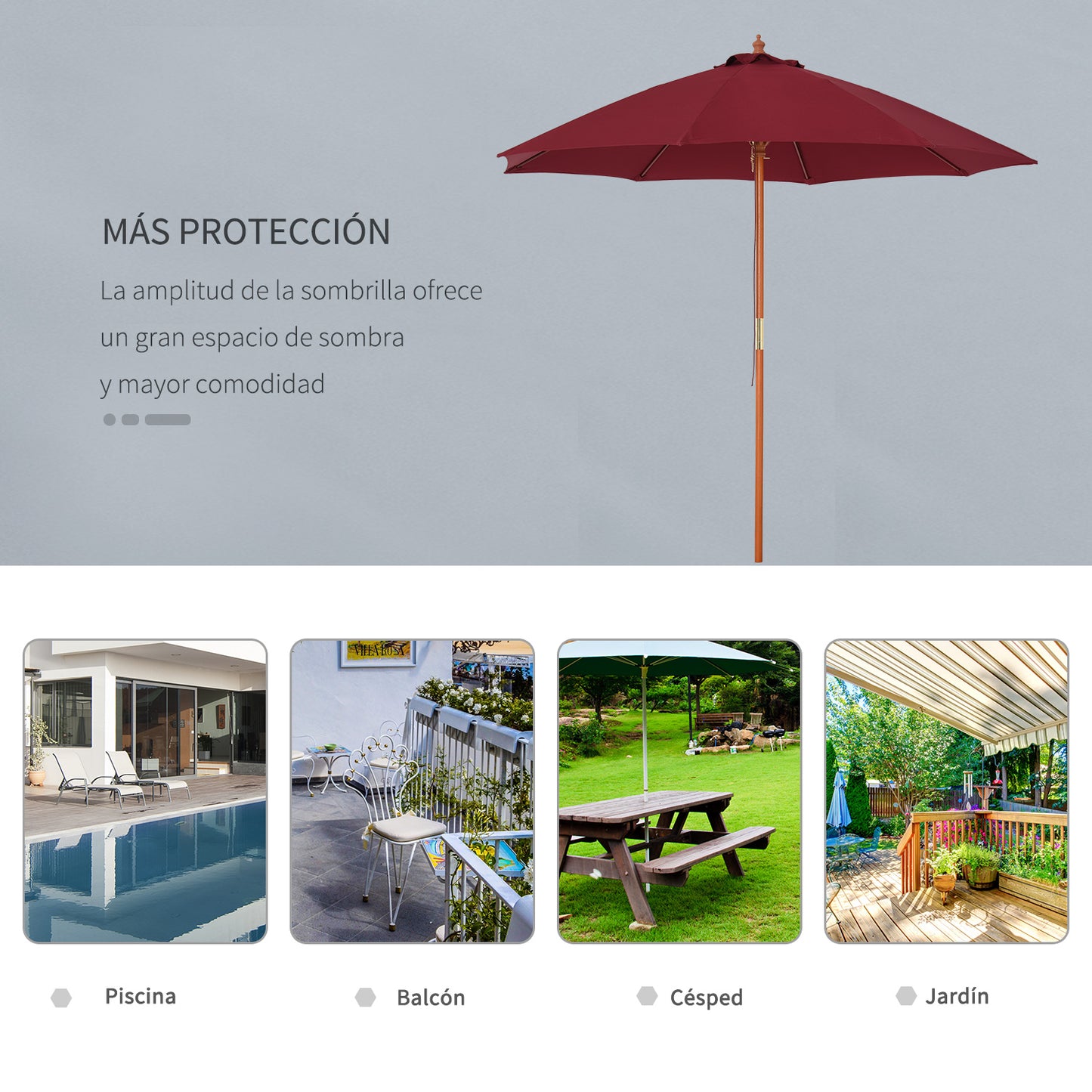 Outsunny Sombrilla De Madera Ajustable Ventilación Sistema Polea Ø257x253cm Rojo_5