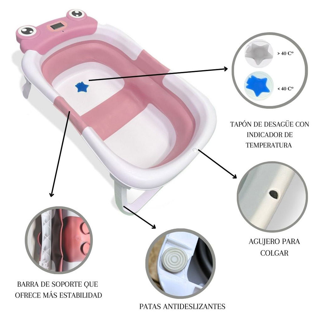 Bathby Bañera Plegable Para Bebés Recién Nacidos, Cojín Rana, Termómetro, Patas Antideslizantes (rosa Rana)