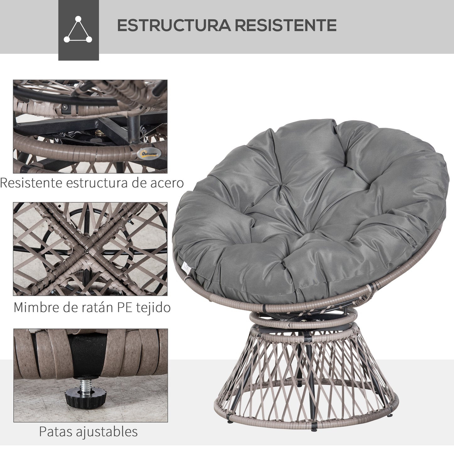 Outsunny Silla Giratoria 360° De Ratán Sintético Con Cojín 87x97x86 Cm Gris_5