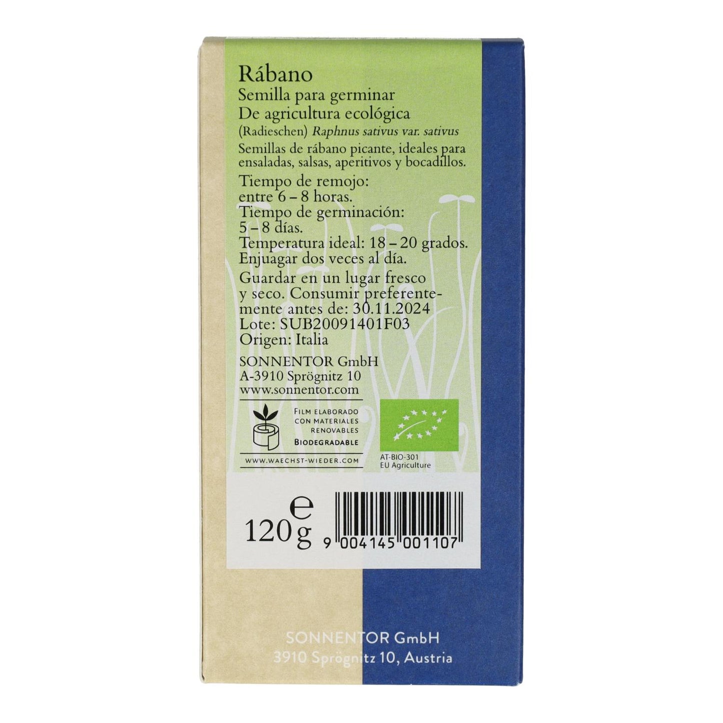 Sementes de rabanete biológicas Sonnetor para germinação 120 g