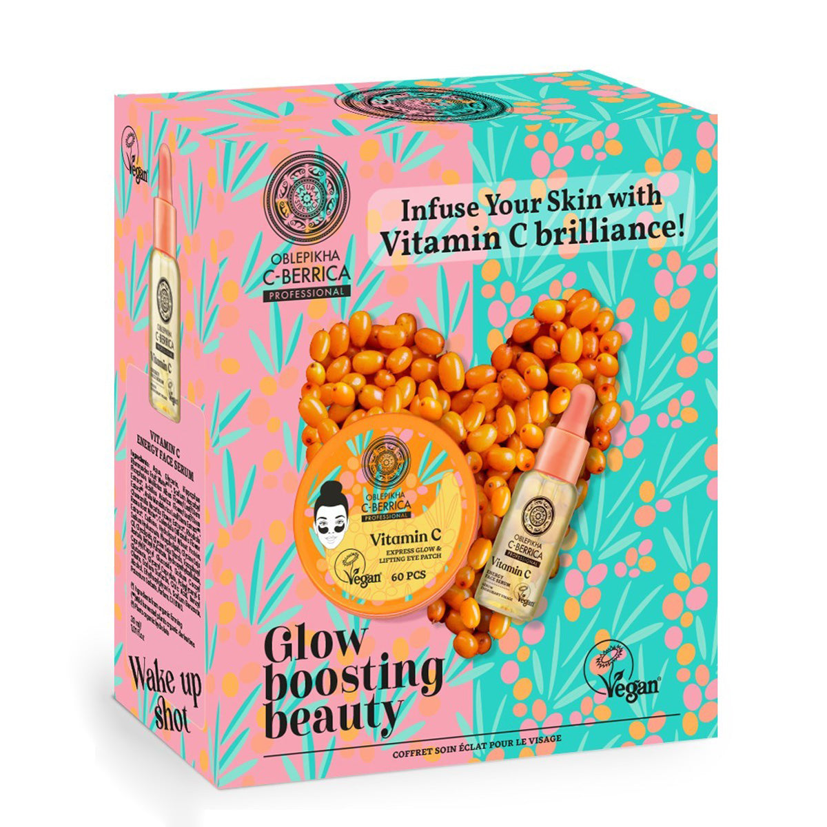 Oblepikha c-Berrica "GLOW BOOSTING BEAUTY" - Conjunto de oferta: autocolantes para o contorno dos olhos, 60 unidades + sérum energizante, 30 ml