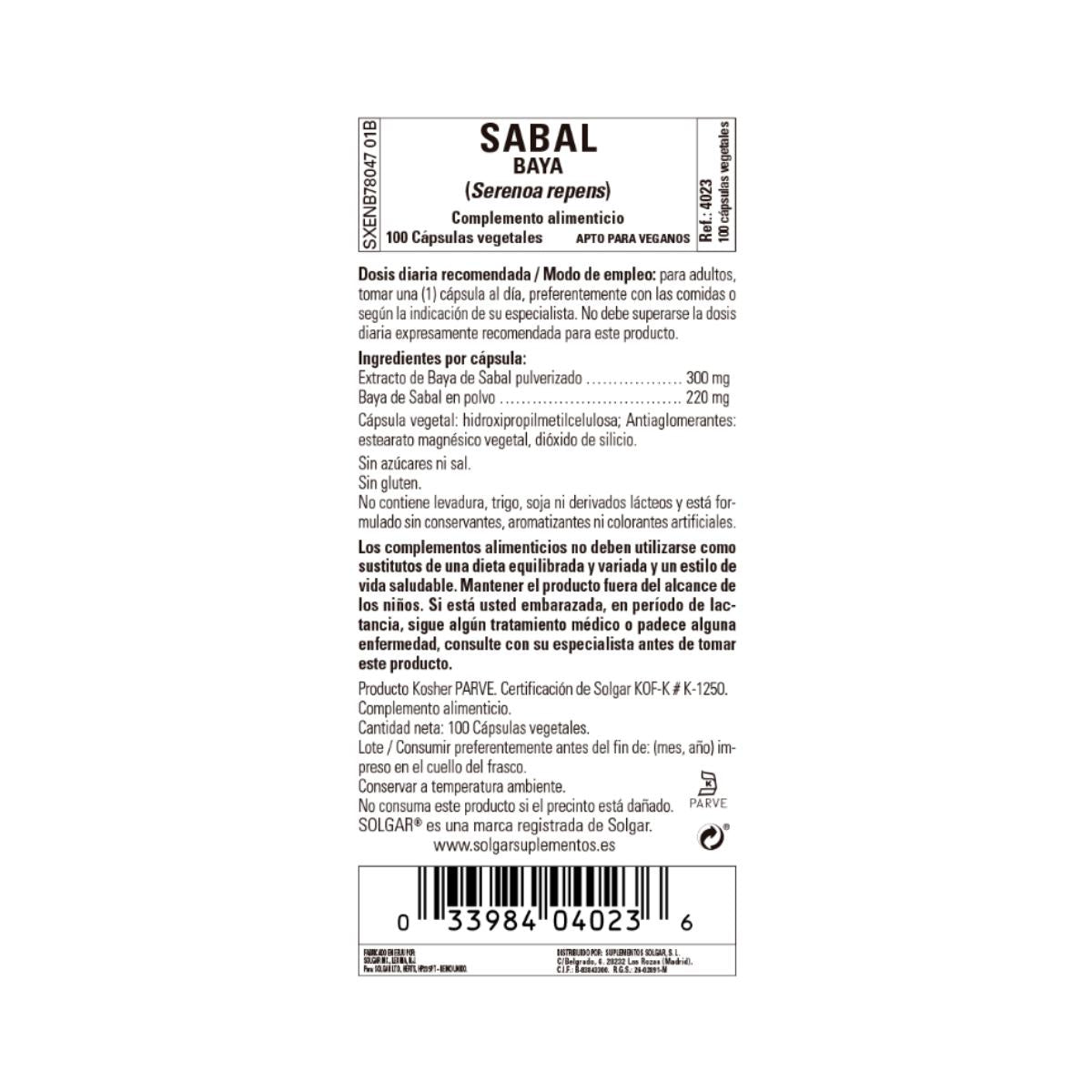 Sabal (Saw Palmetto), 100 cápsulas vegetais