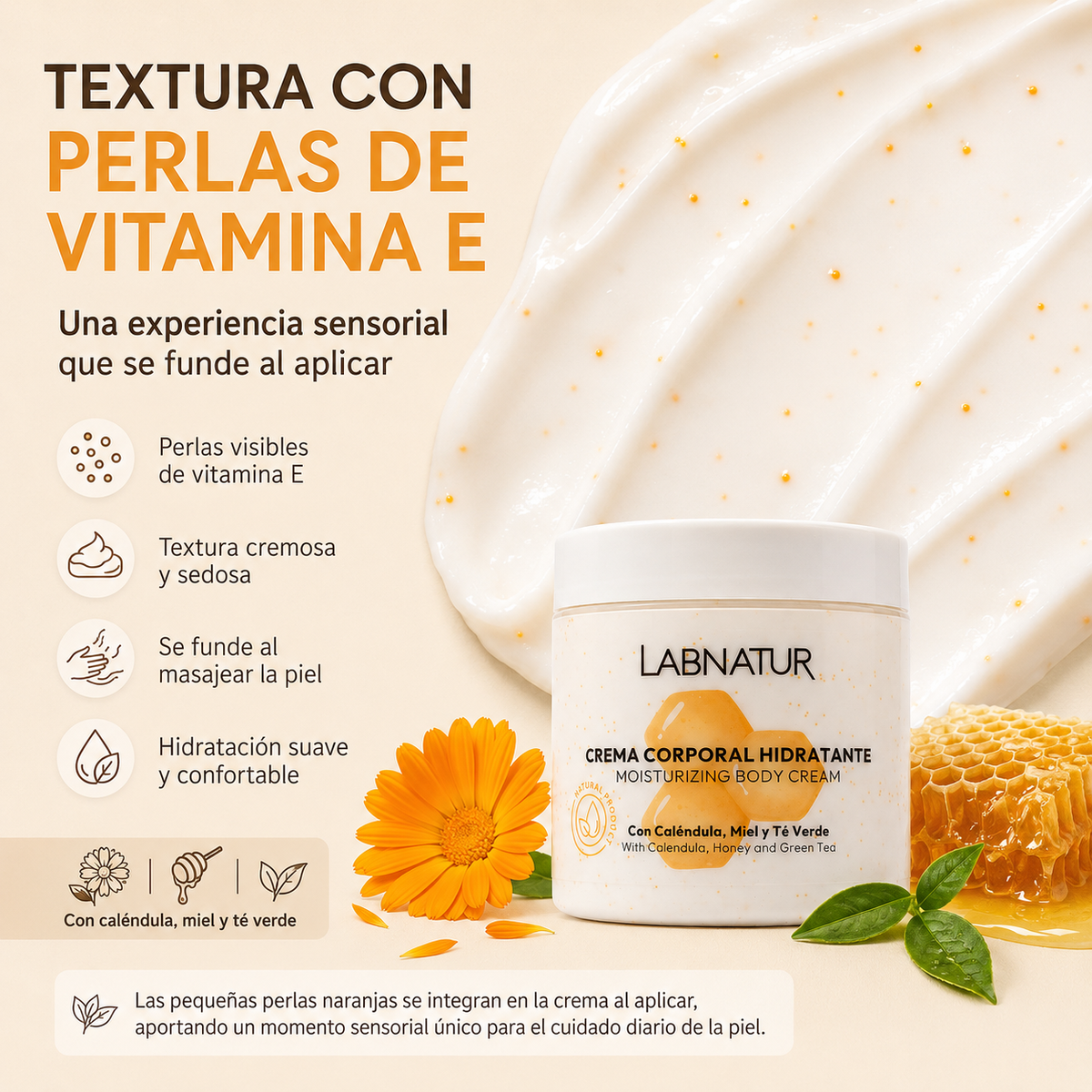 Crema Corporal de Caléndula Labnatur 500 ml | Perlas de Vitamina E, Miel y Té Verde | Hidratación Profunda_4