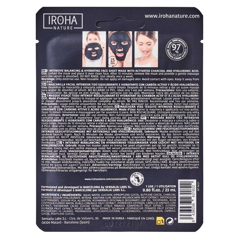 Máscara facial reequilibrante e hidratante de carvão e ácido hialurónico Iroha Nature 23ml