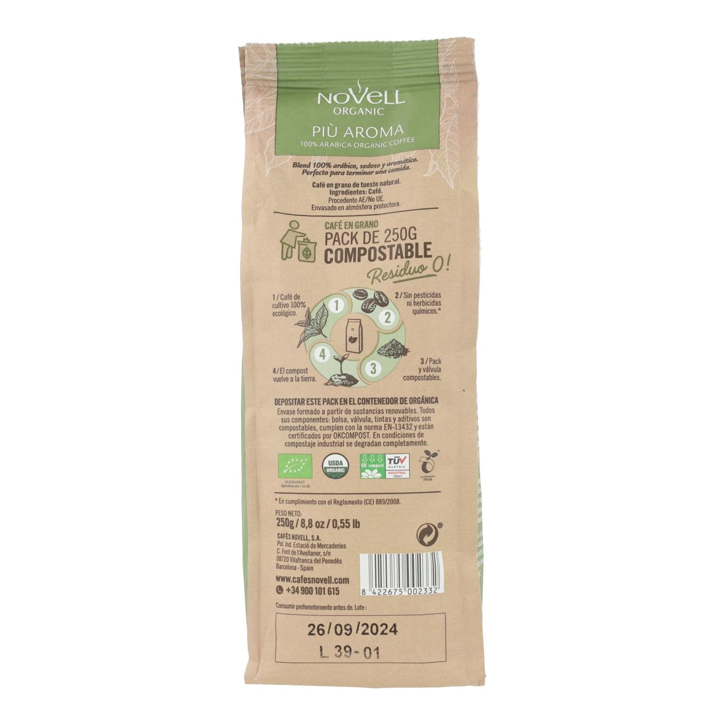 Più Aroma café biológico em grão 250g