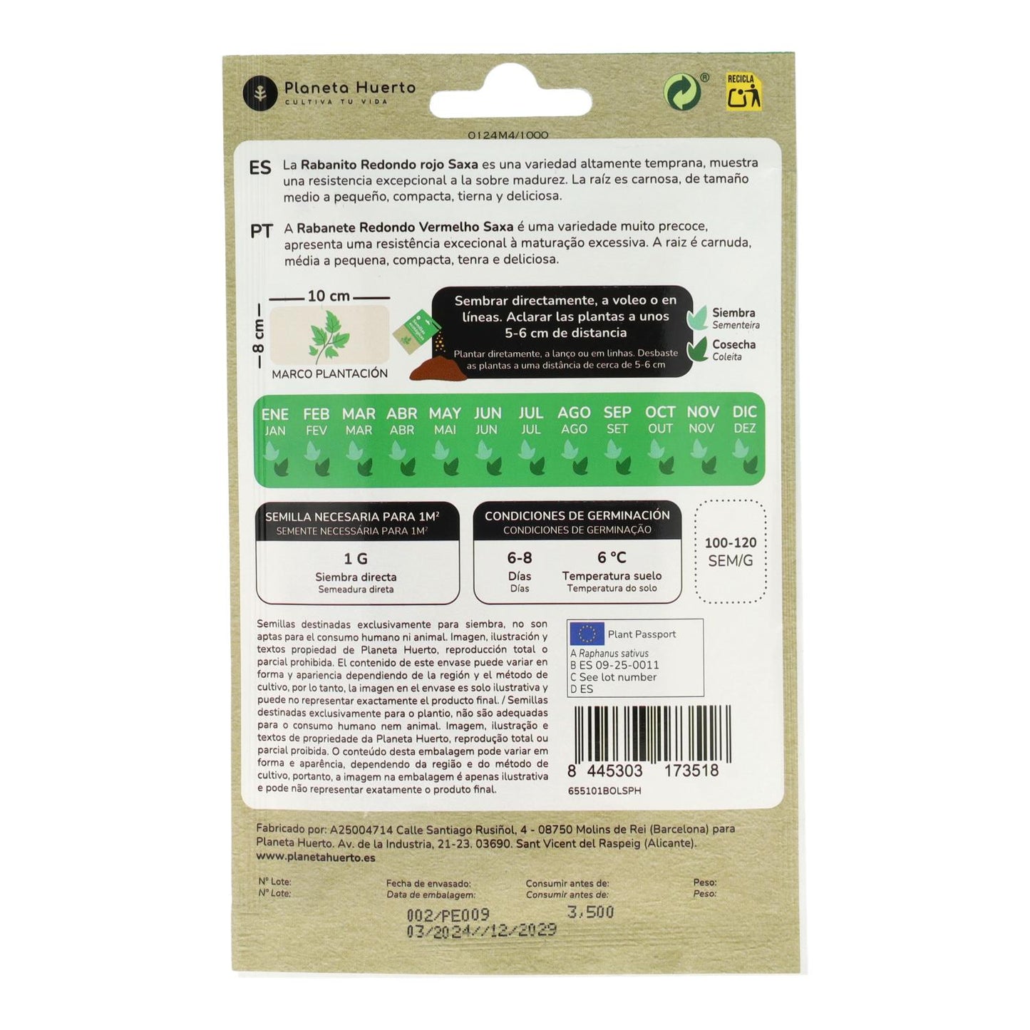 Sementes orgânicas de rabanete redondo vermelho Saxa da Planeta Huerto