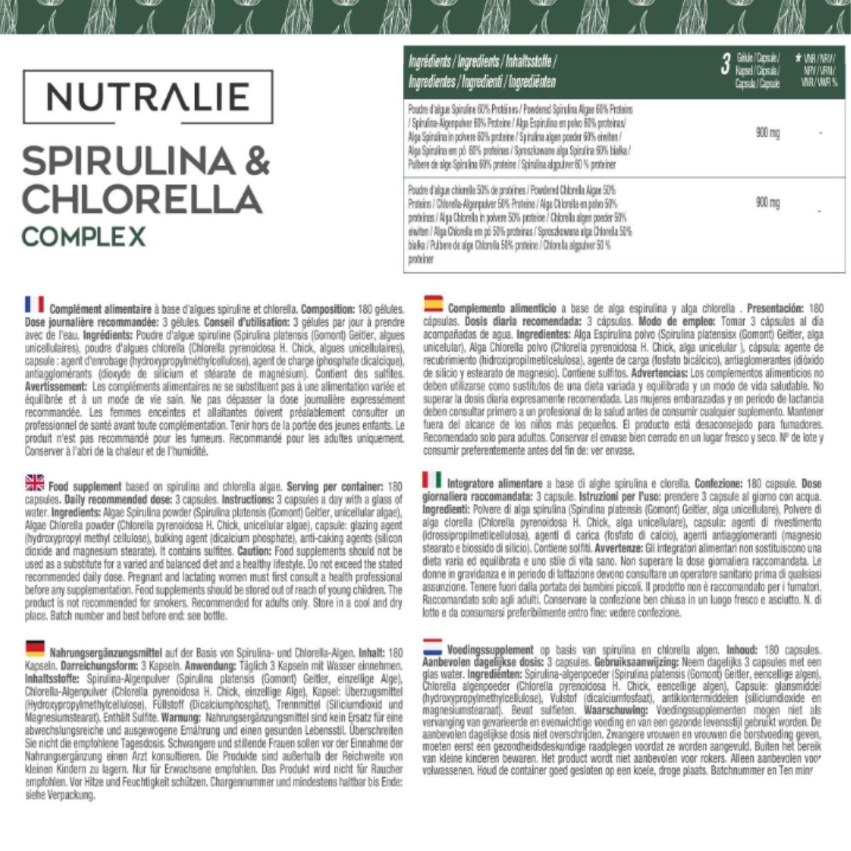 Nutralie Spirulina e Chlorella 1800mg Energia e Força 180 Cápsulas