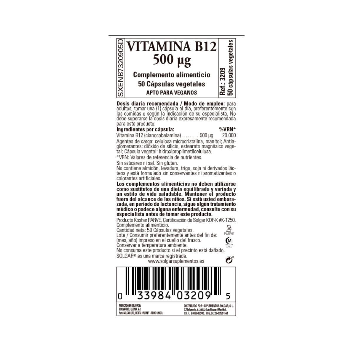 Vitamina B12, 50 cápsulas vegetais de 500μg (Cereja)