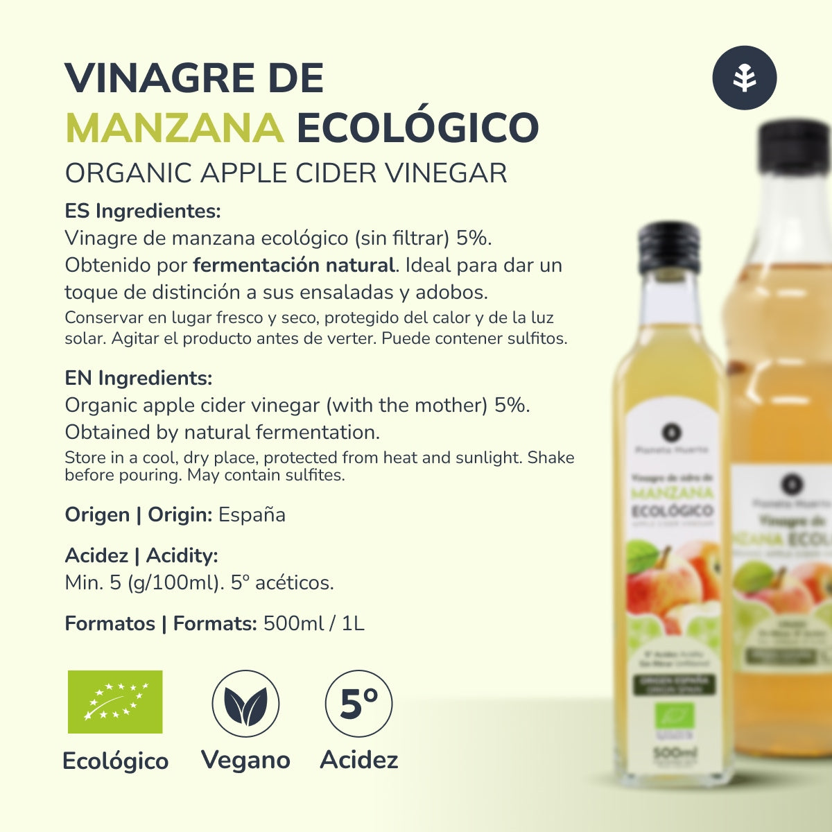 Vinagre de maçã cru biológico não filtrado com a mãe Planeta Huerto 1L