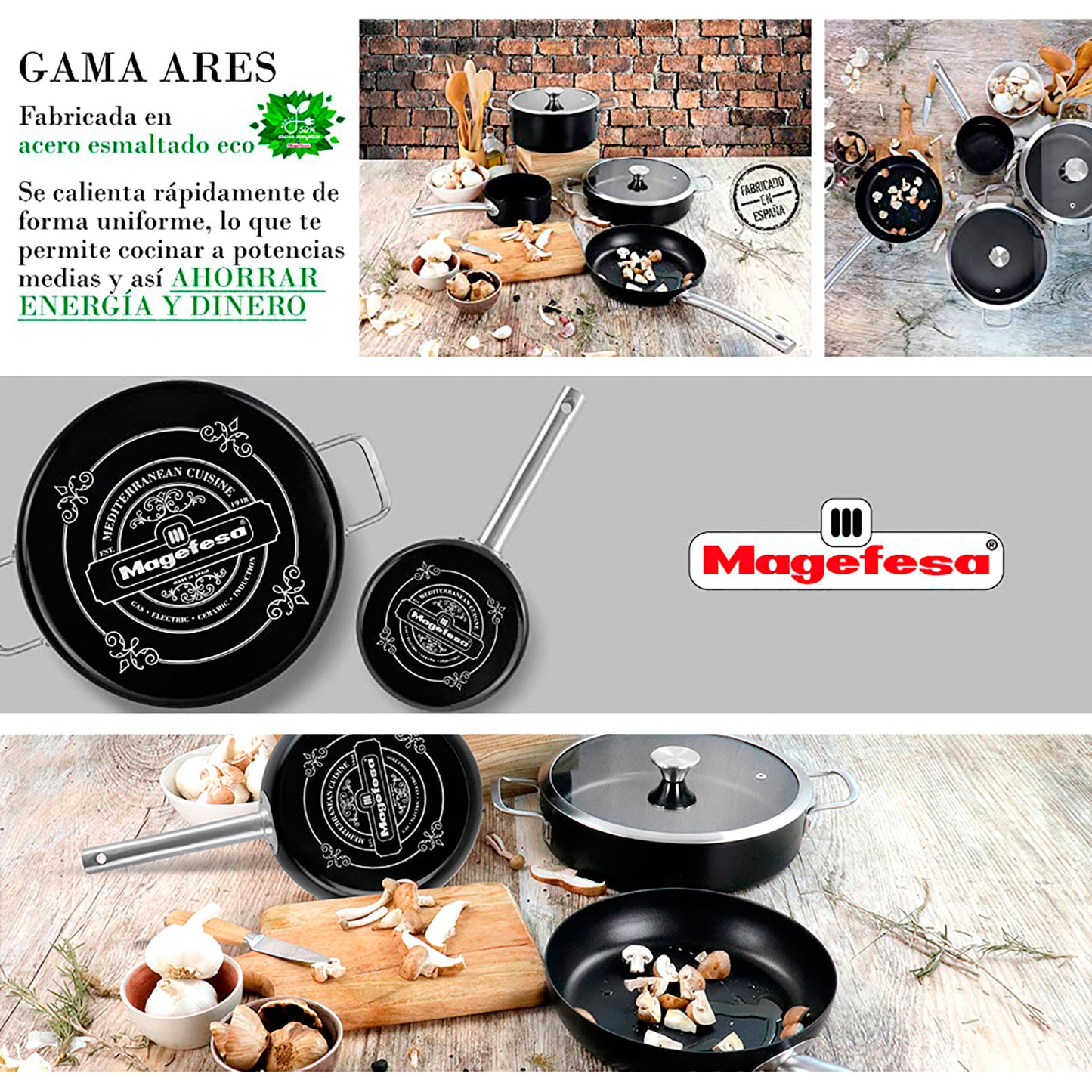 Batería Cocina Inducción 9 Piezas, Antiadherente Libre Pfoa Exterior Negro Mate Retro Vintage Magefesa Ares, Negro_5