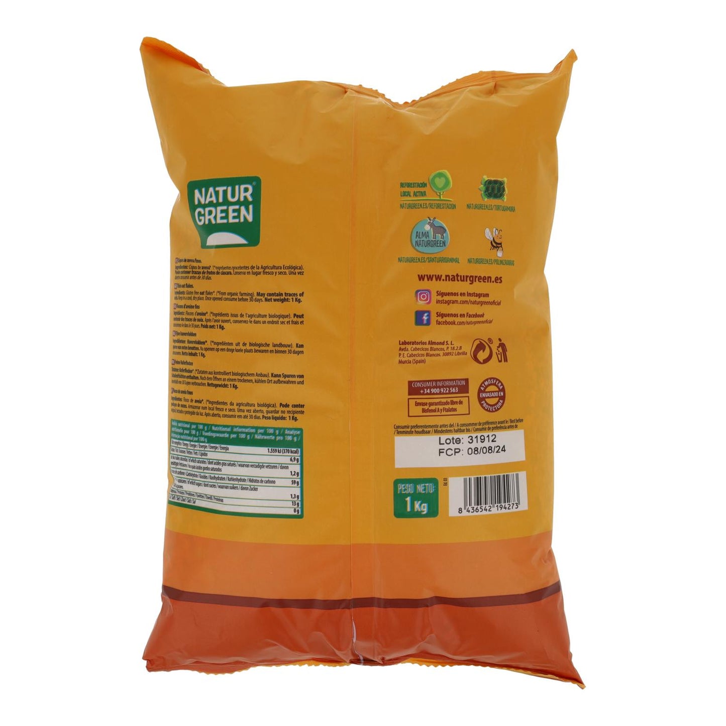 Flocos de Aveia Fina Biológica NaturGreen Sem Glúten, 1 Kg