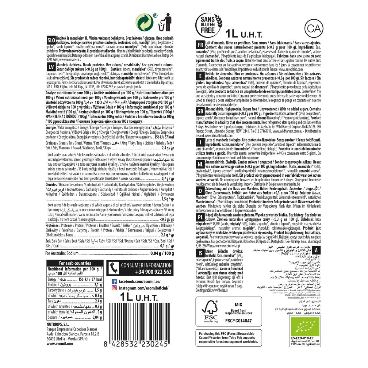 Bebida Vegetal de Amêndoa Biológica EcoMil 1 L