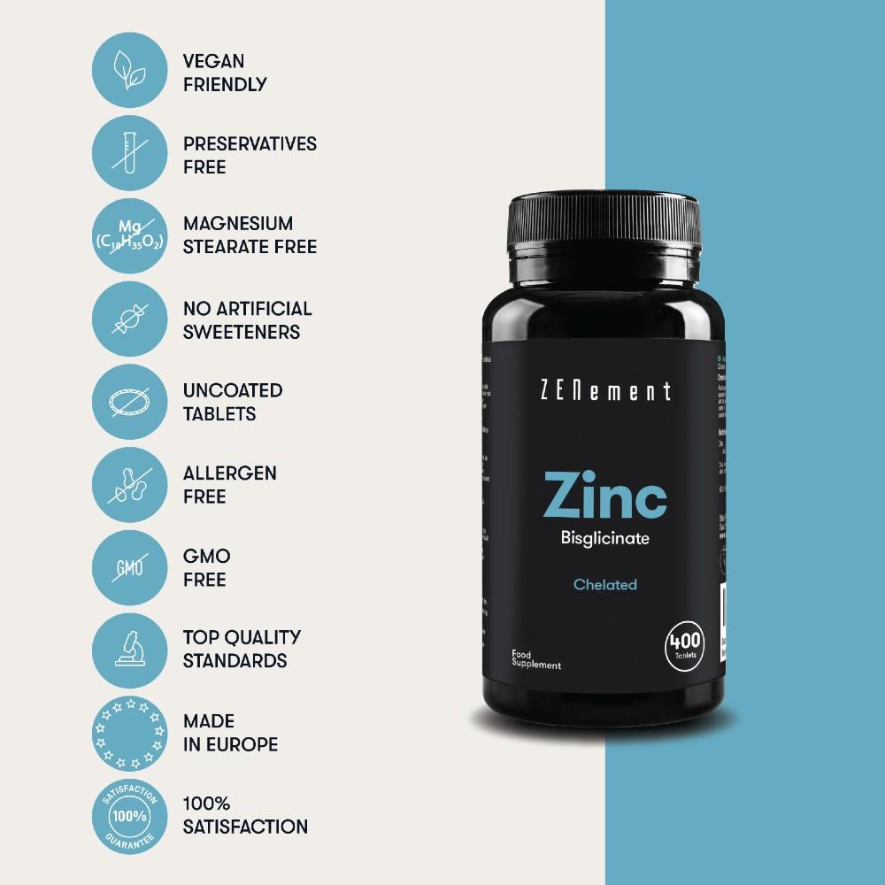 Zinco 25 mg (bisglicinato) alta dosagem zenement 400 comprimidos