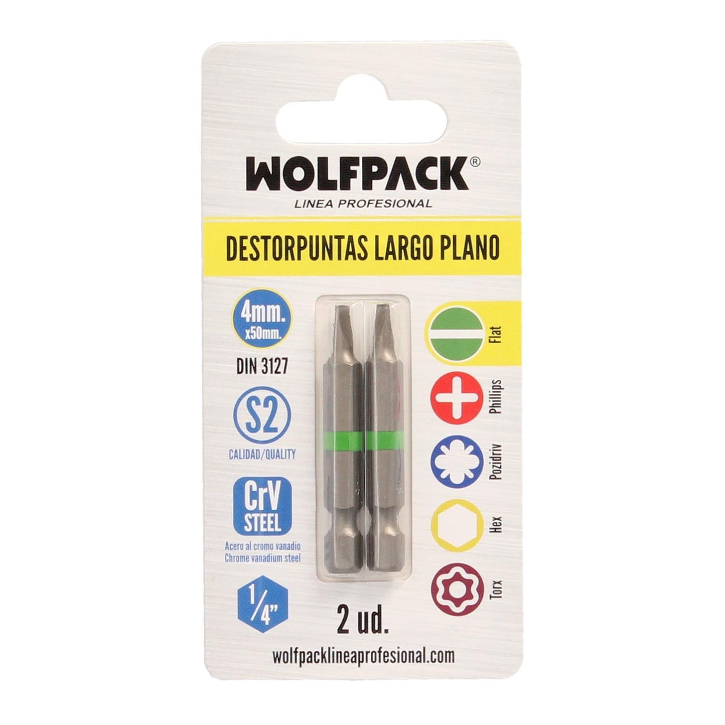 Puntas Destornillador Largo Plano 4 Mm. (2 Piezas). Acero S2 Al Cromo Vanadio. Puntas Hexagonales, Destorpuntas,
